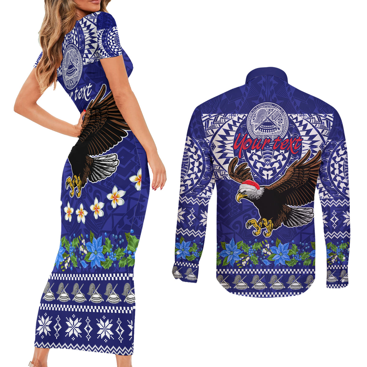 Personalised American Samoa Christmas Couples Matching Short Sleeve Bodycon Dress and Long Sleeve Button Shirt Manuia le Kerisimasi Polynesian Tribal LT9 - Polynesian Pride