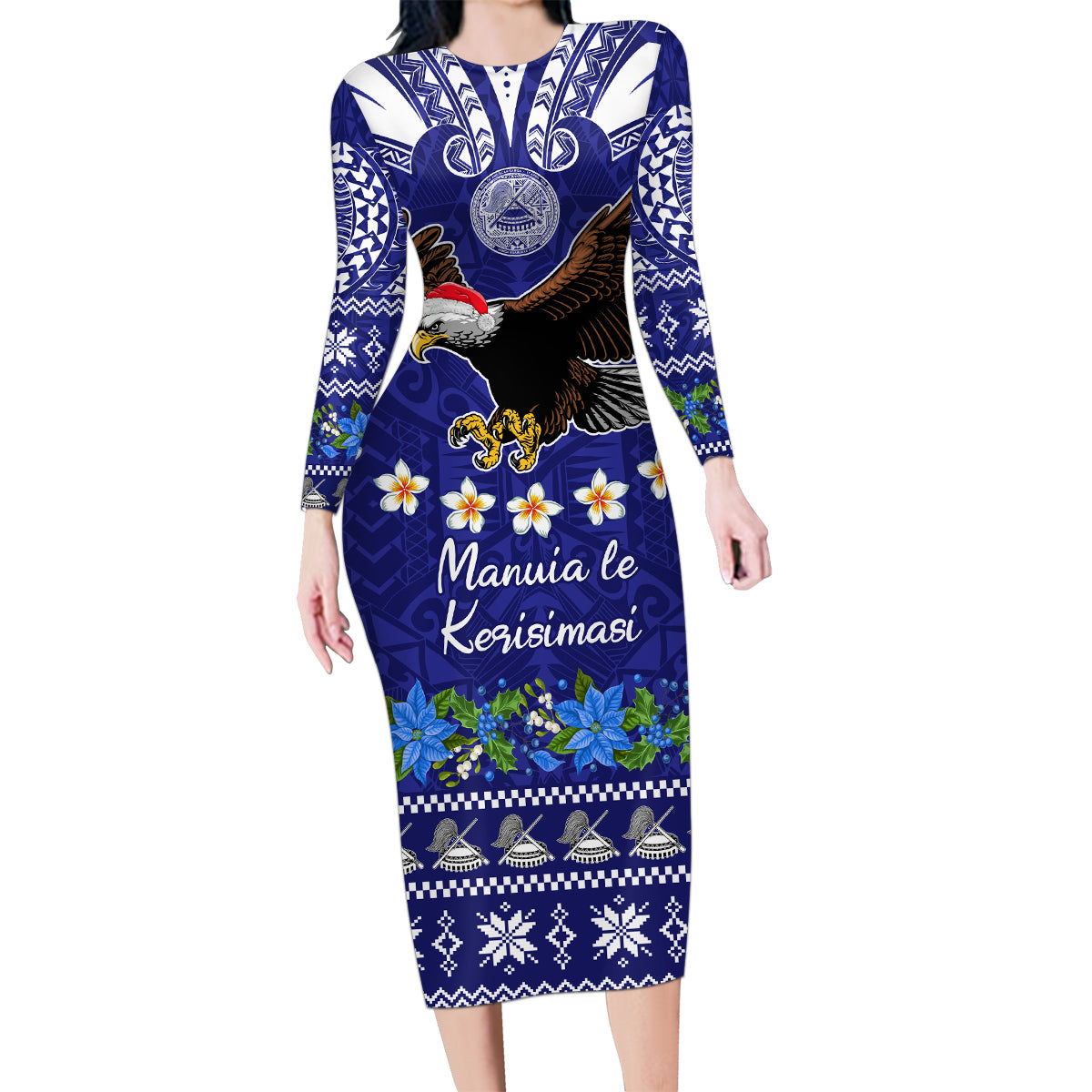 Personalised American Samoa Christmas Family Matching Long Sleeve Bodycon Dress and Hawaiian Shirt Manuia le Kerisimasi Polynesian Tribal LT9 Mom's Dress Blue - Polynesian Pride