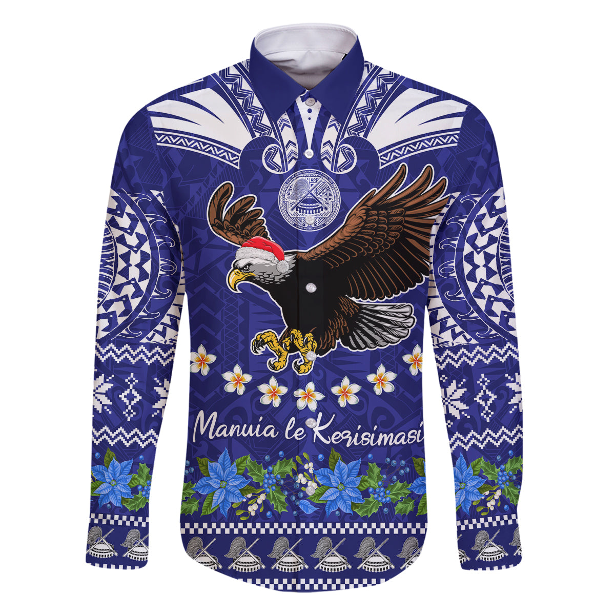 Personalised American Samoa Christmas Family Matching Mermaid Dress and Hawaiian Shirt Manuia le Kerisimasi Polynesian Tribal LT9 Dad's Shirt - Long Sleeve Blue - Polynesian Pride
