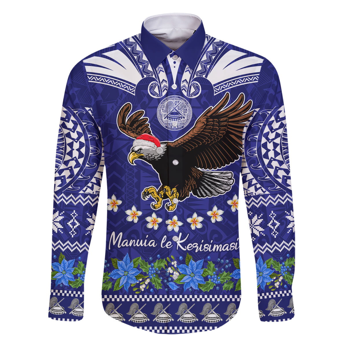 Personalised American Samoa Christmas Family Matching Short Sleeve Bodycon Dress and Hawaiian Shirt Manuia le Kerisimasi Polynesian Tribal LT9 Dad's Shirt - Long Sleeve Blue - Polynesian Pride