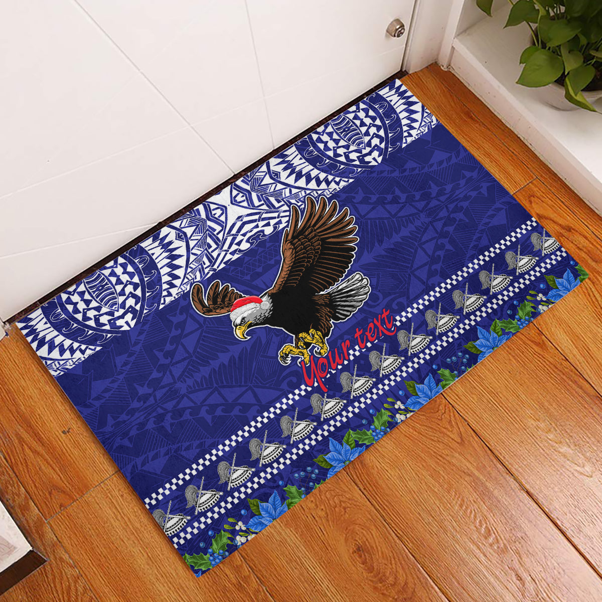 Personalised American Samoa Christmas Rubber Doormat Manuia le Kerisimasi Polynesian Tribal LT9 Blue - Polynesian Pride