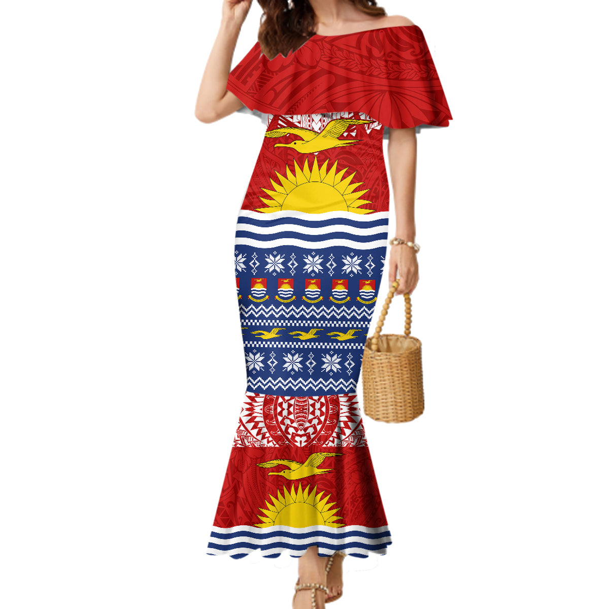 Kiribati Christmas Family Matching Mermaid Dress and Hawaiian Shirt Tekeraoi n Te Tiritimati Polynesian Tribal LT9 Mom's Dress Red - Polynesian Pride