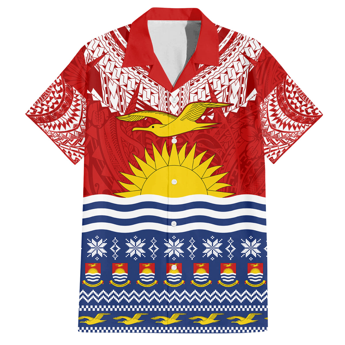 Kiribati Christmas Family Matching Off Shoulder Maxi Dress and Hawaiian Shirt Tekeraoi n Te Tiritimati Polynesian Tribal LT9 Dad's Shirt - Short Sleeve Red - Polynesian Pride