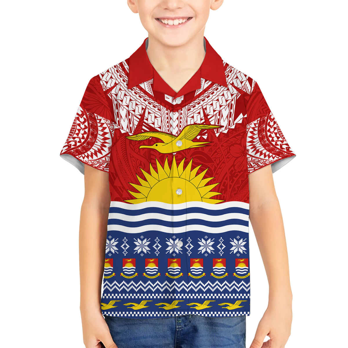 Kiribati Christmas Family Matching Puletasi Dress and Hawaiian Shirt Tekeraoi n Te Tiritimati Polynesian Tribal LT9 Son's Shirt Red - Polynesian Pride