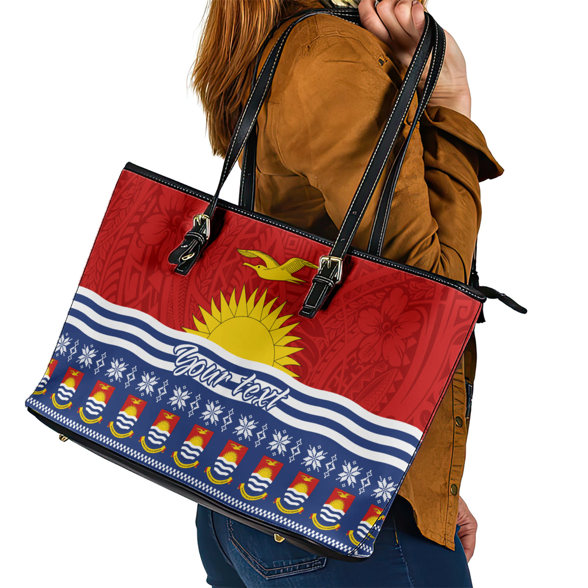 Personalised Kiribati Christmas Leather Tote Bag Tekeraoi n Te Tiritimati Polynesian Tribal LT9 - Polynesian Pride