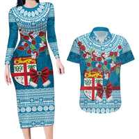 Fijian Tagimoucia Flowers Couples Matching Long Sleeve Bodycon Dress and Hawaiian Shirt Christmas Coquette bow LT9 Blue - Polynesian Pride