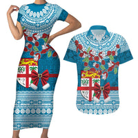 Fijian Tagimoucia Flowers Couples Matching Short Sleeve Bodycon Dress and Hawaiian Shirt Christmas Coquette bow LT9 Blue - Polynesian Pride
