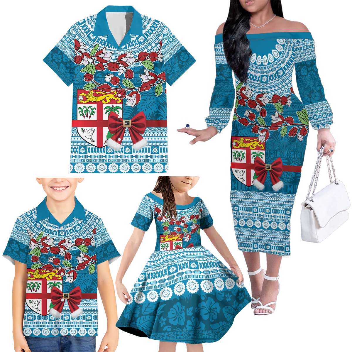 Fijian Tagimoucia Flowers Family Matching Off The Shoulder Long Sleeve Dress and Hawaiian Shirt Christmas Coquette bow LT9 - Polynesian Pride