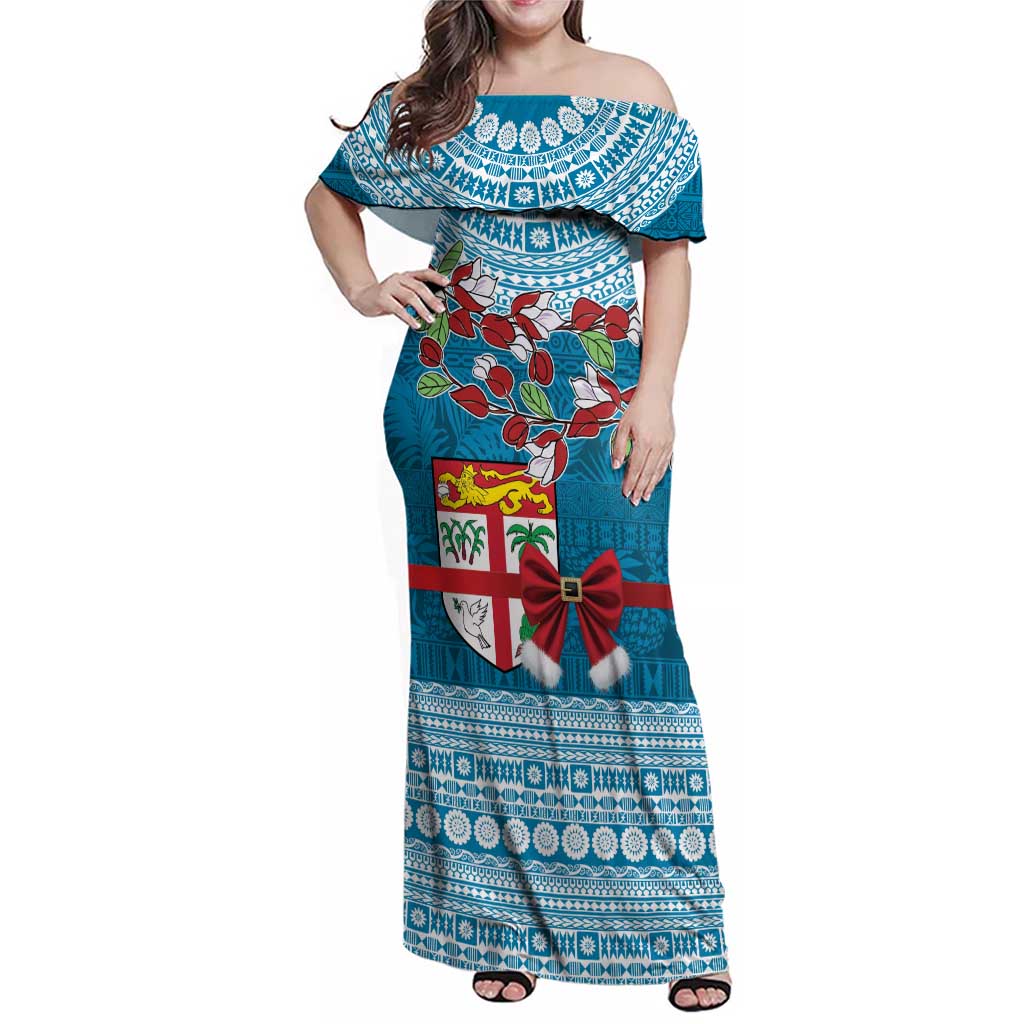 Fijian Tagimoucia Flowers Family Matching Off Shoulder Maxi Dress and Hawaiian Shirt Christmas Coquette bow LT9 Mom's Dress Blue - Polynesian Pride