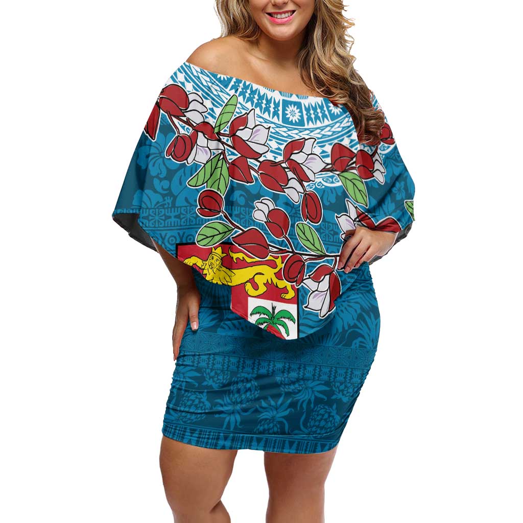 Fijian Tagimoucia Flowers Family Matching Off Shoulder Short Dress and Hawaiian Shirt Christmas Coquette bow LT9 Mom's Dress Blue - Polynesian Pride
