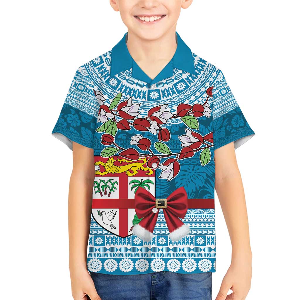 Fijian Tagimoucia Flowers Family Matching Off Shoulder Short Dress and Hawaiian Shirt Christmas Coquette bow LT9 Son's Shirt Blue - Polynesian Pride
