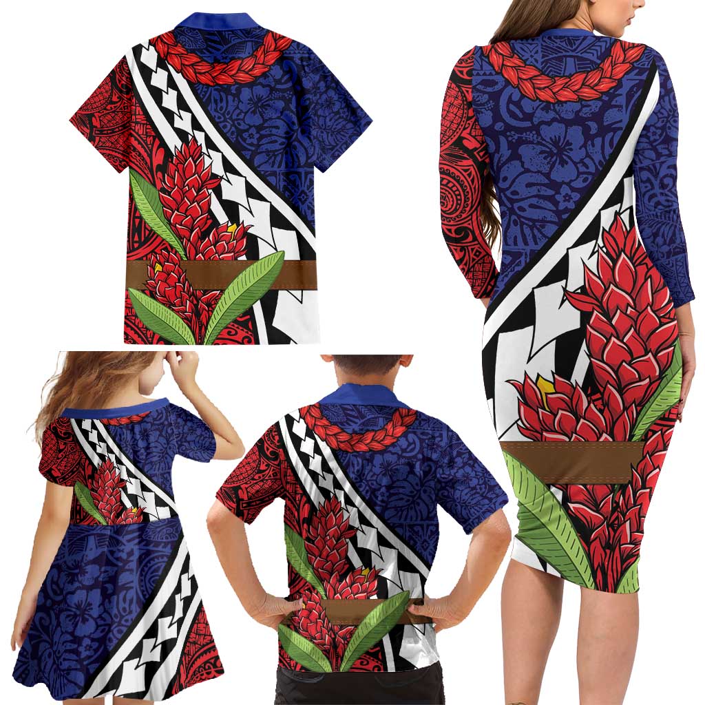 Samoan Ula Fala Flowers Family Matching Long Sleeve Bodycon Dress and Hawaiian Shirt Christmas Santa Belt LT9 - Polynesian Pride