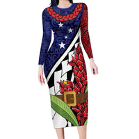 Samoan Ula Fala Flowers Family Matching Long Sleeve Bodycon Dress and Hawaiian Shirt Christmas Santa Belt LT9 Mom's Dress Red - Polynesian Pride