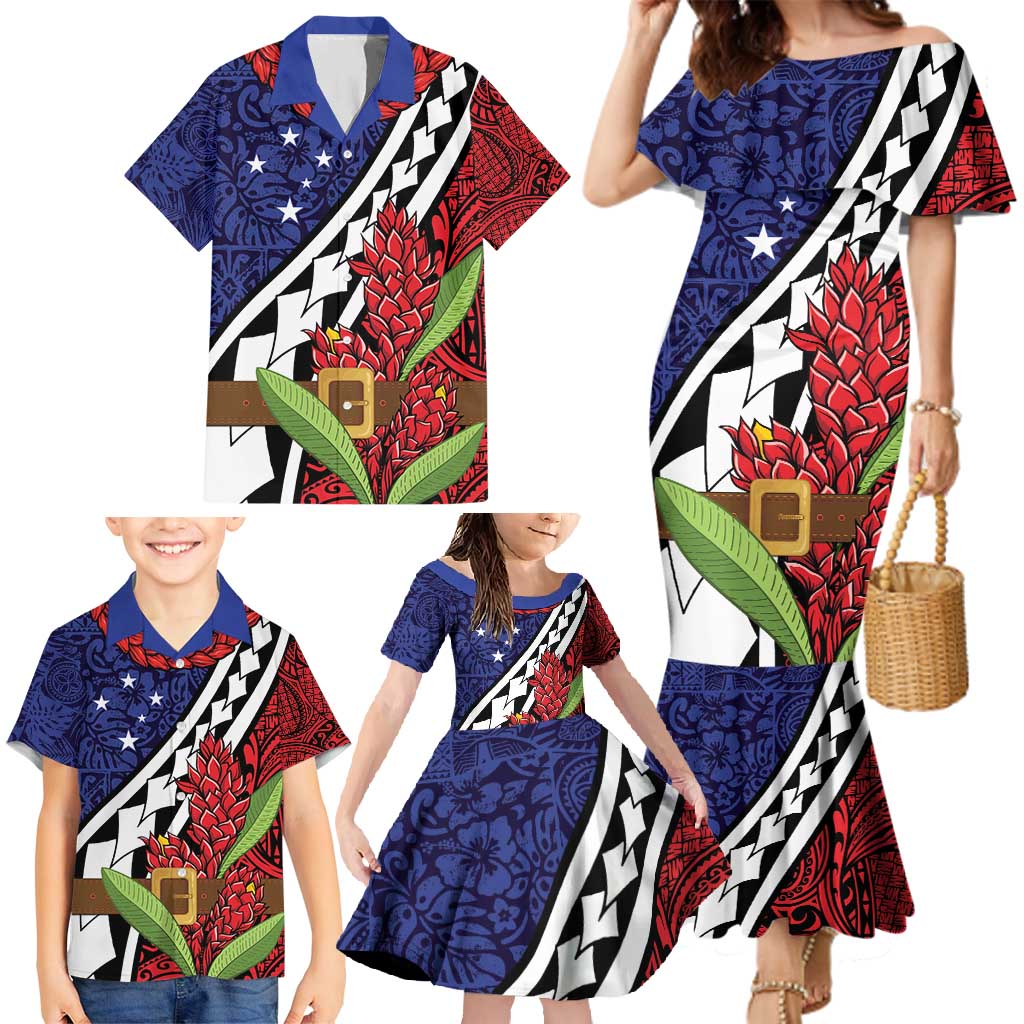 Samoan Ula Fala Flowers Family Matching Mermaid Dress and Hawaiian Shirt Christmas Santa Belt LT9 - Polynesian Pride