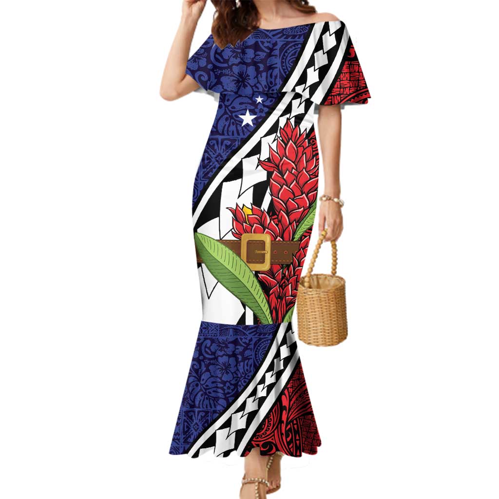 Samoan Ula Fala Flowers Family Matching Mermaid Dress and Hawaiian Shirt Christmas Santa Belt LT9 Mom's Dress Red - Polynesian Pride