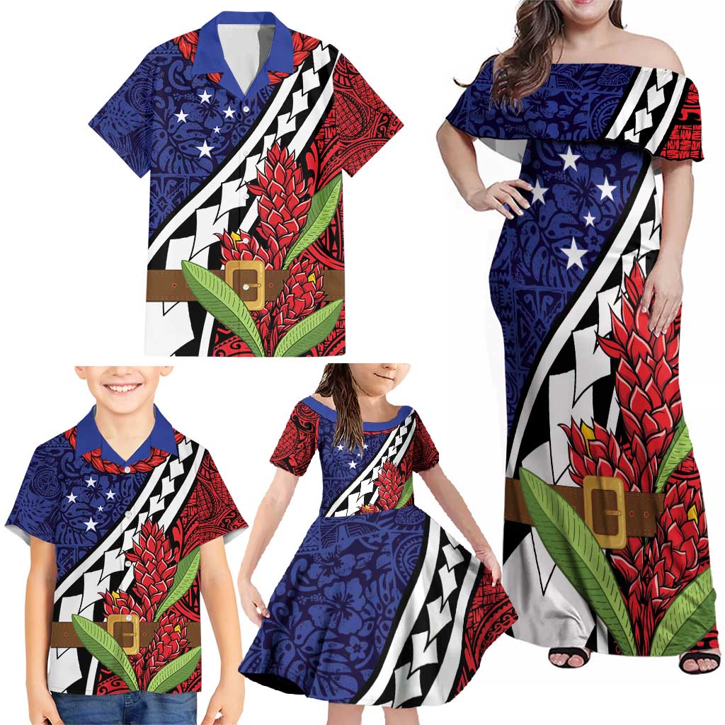 Samoan Ula Fala Flowers Family Matching Off Shoulder Maxi Dress and Hawaiian Shirt Christmas Santa Belt LT9 - Polynesian Pride