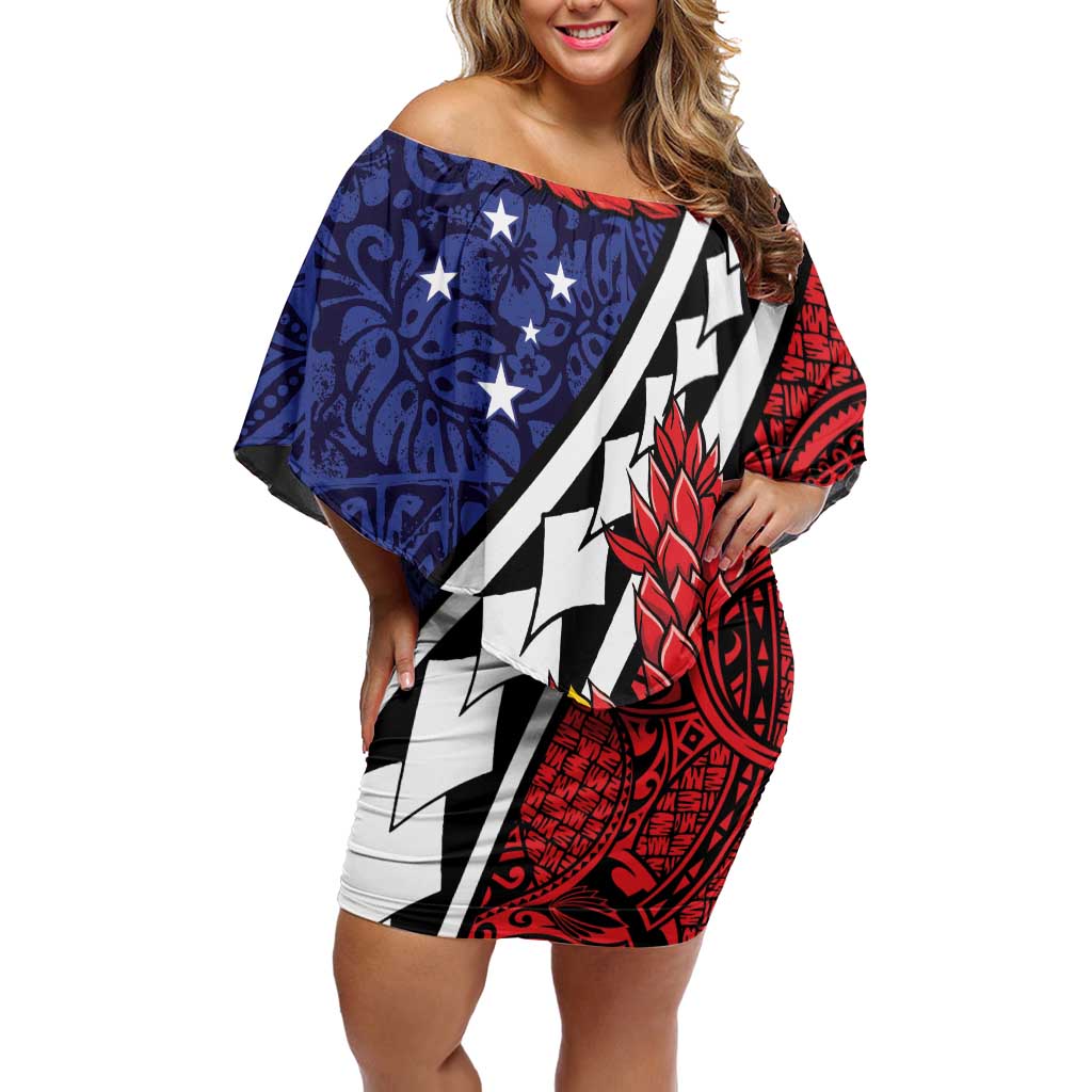 Samoan Ula Fala Flowers Family Matching Off Shoulder Short Dress and Hawaiian Shirt Christmas Santa Belt LT9 Mom's Dress Red - Polynesian Pride