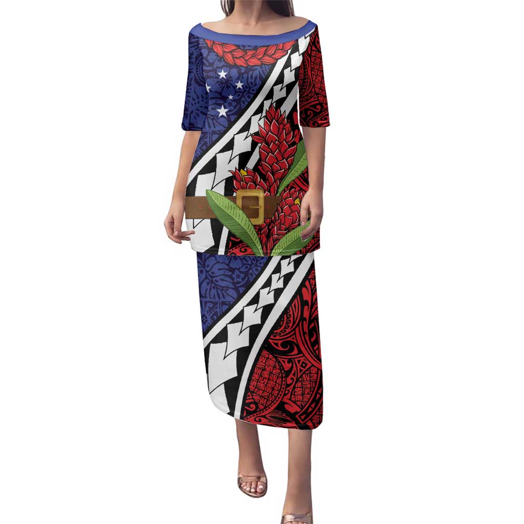Samoan Ula Fala Flowers Family Matching Puletasi and Hawaiian Shirt Christmas Santa Belt LT9 Mom's Dress Red - Polynesian Pride