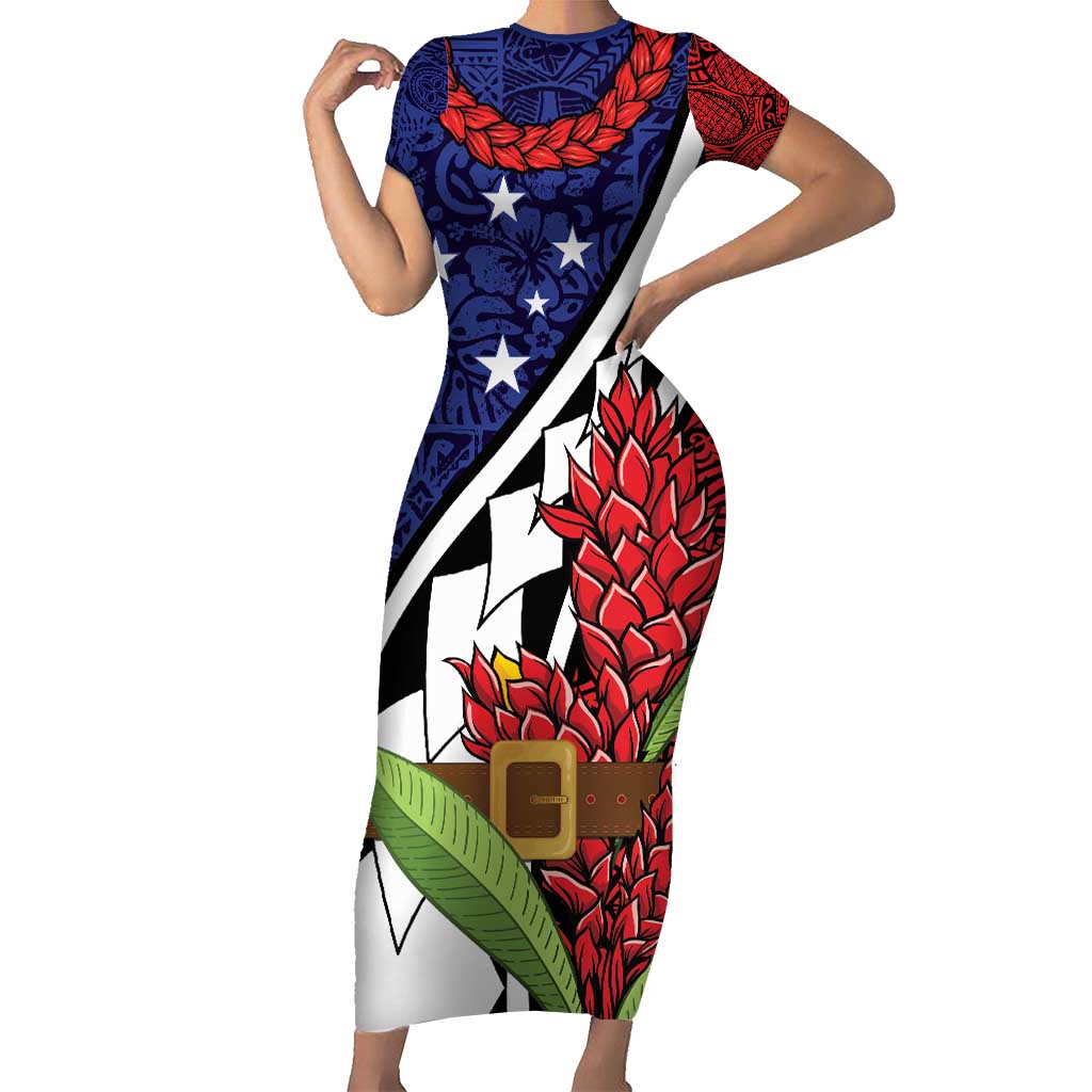 Samoan Ula Fala Flowers Family Matching Short Sleeve Bodycon Dress and Hawaiian Shirt Christmas Santa Belt LT9 Mom's Dress Red - Polynesian Pride