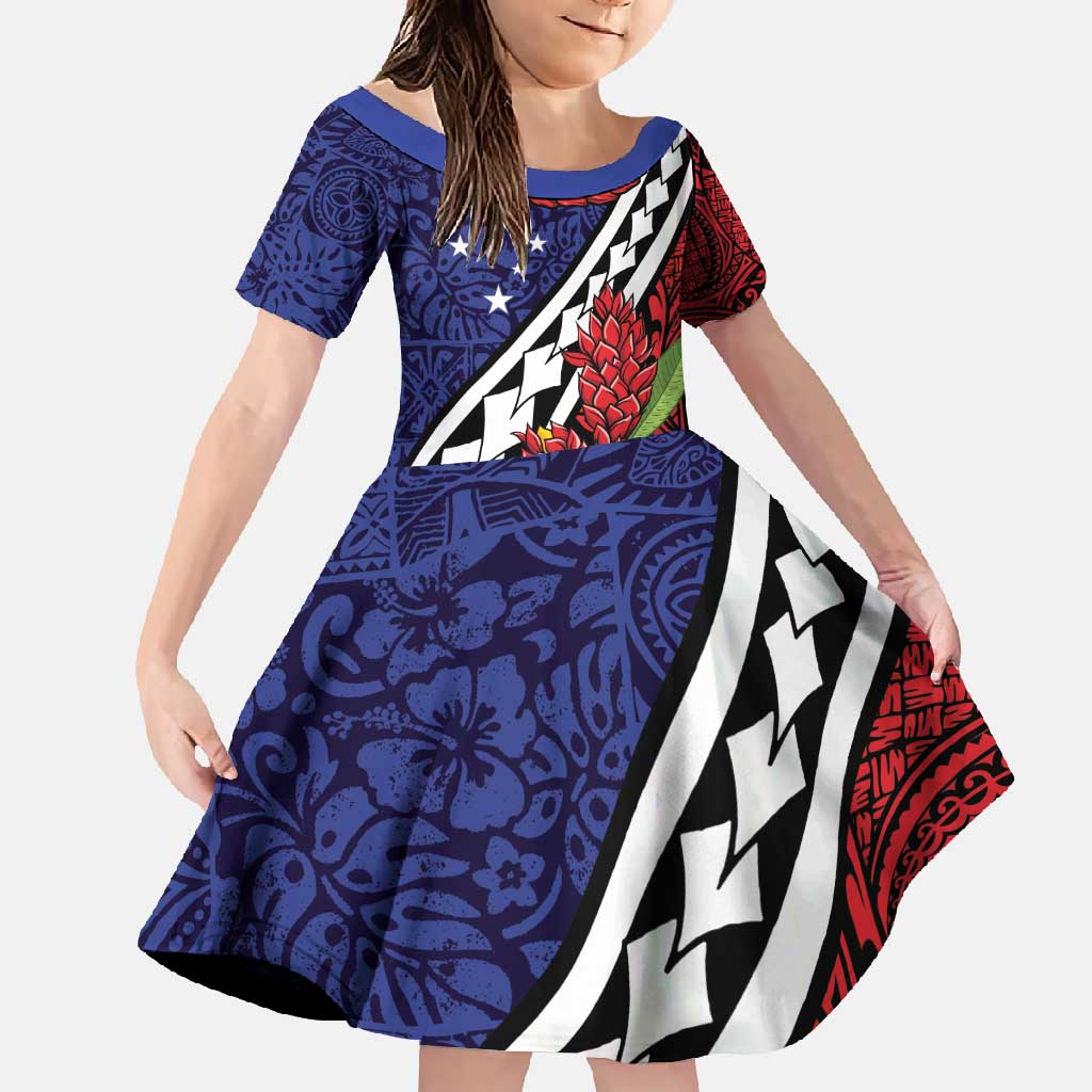 Samoan Ula Fala Flowers Family Matching Tank Maxi Dress and Hawaiian Shirt Christmas Santa Belt LT9 Daughter's Dress Red - Polynesian Pride