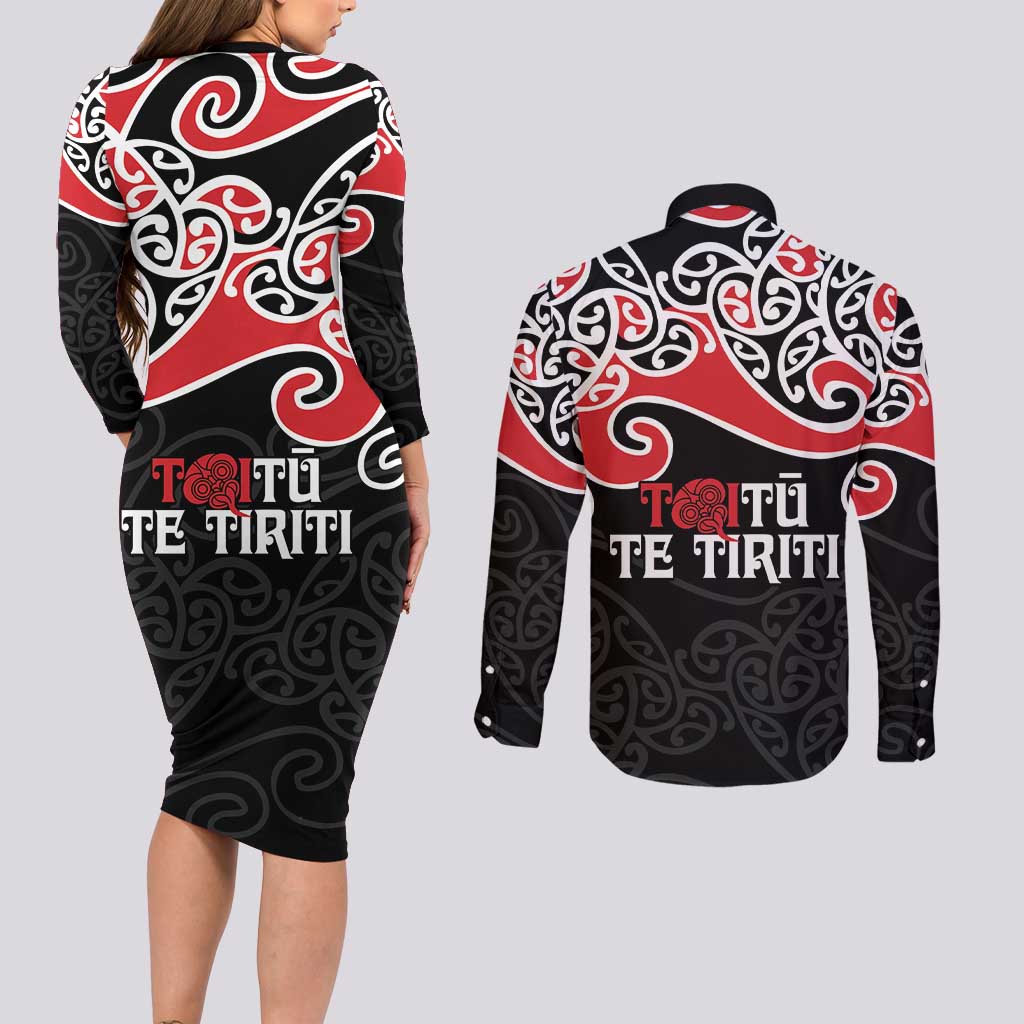 Aotearoa Toitu Te Tiriti Couples Matching Long Sleeve Bodycon Dress and Long Sleeve Button Shirt New Zealand Stand Together Stand Stronger