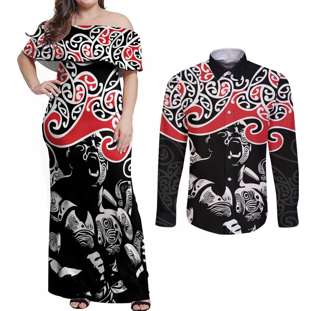 Aotearoa Toitu Te Tiriti Couples Matching Off Shoulder Maxi Dress and Long Sleeve Button Shirt New Zealand Stand Together Stand Stronger