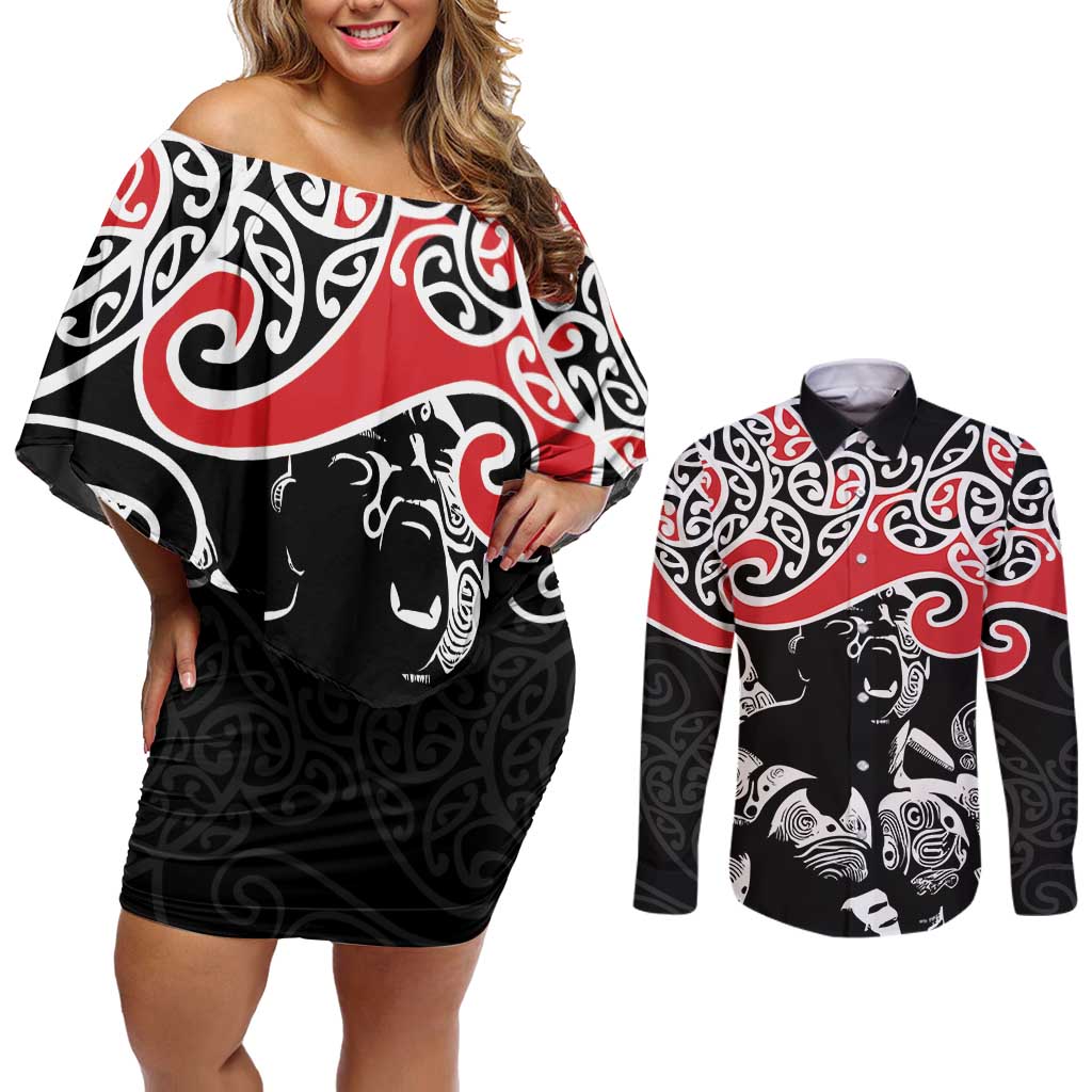 Aotearoa Toitu Te Tiriti Couples Matching Off Shoulder Short Dress and Long Sleeve Button Shirt New Zealand Stand Together Stand Stronger