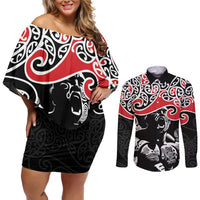 Aotearoa Toitu Te Tiriti Couples Matching Off Shoulder Short Dress and Long Sleeve Button Shirt New Zealand Stand Together Stand Stronger