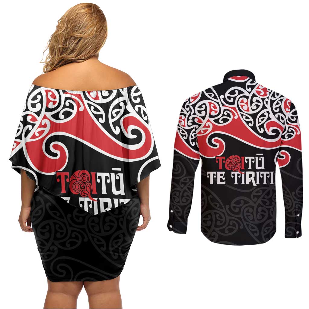 Aotearoa Toitu Te Tiriti Couples Matching Off Shoulder Short Dress and Long Sleeve Button Shirt New Zealand Stand Together Stand Stronger