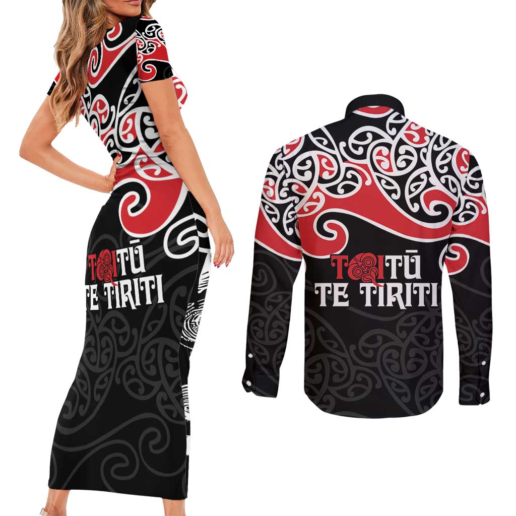 Aotearoa Toitu Te Tiriti Couples Matching Short Sleeve Bodycon Dress and Long Sleeve Button Shirt New Zealand Stand Together Stand Stronger