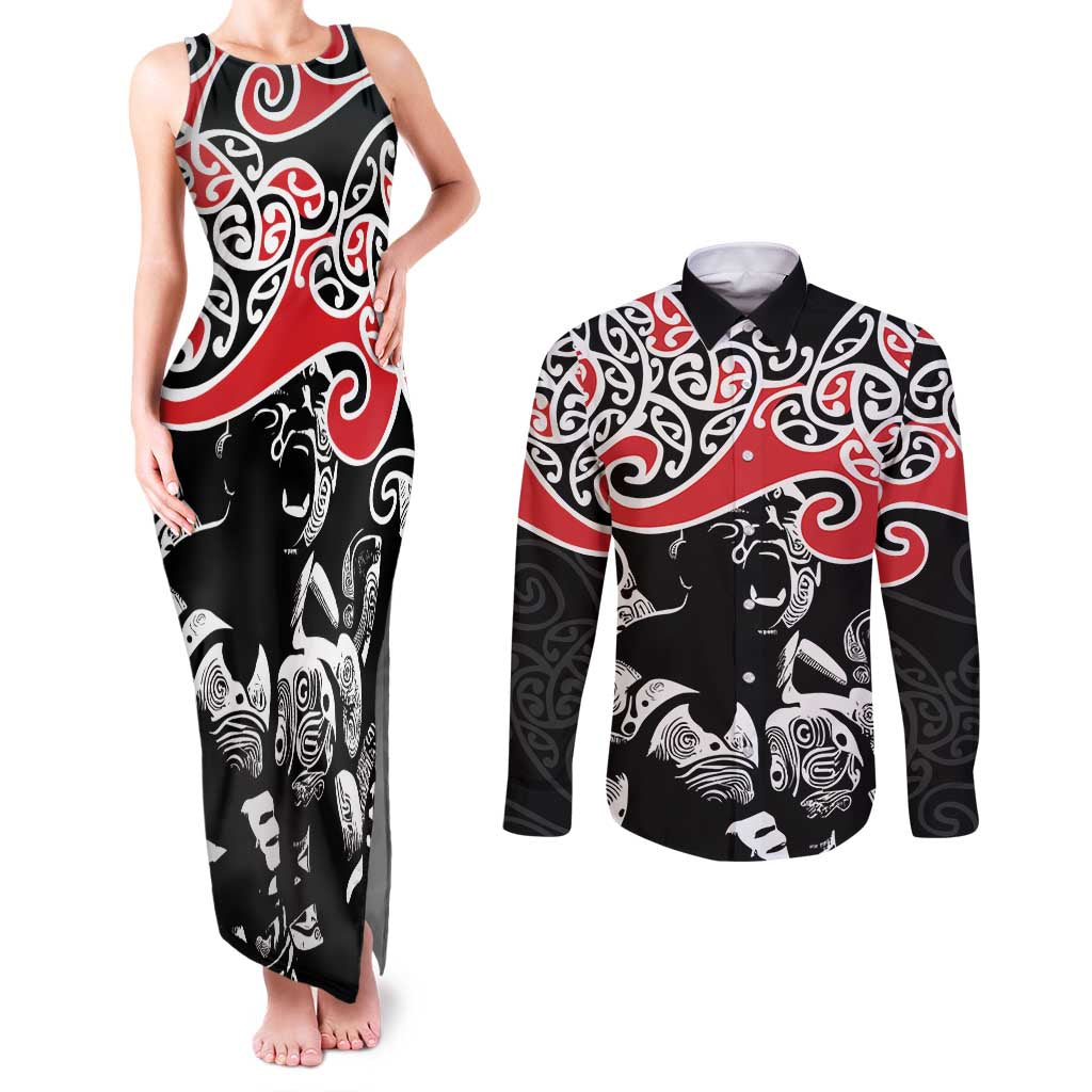 Aotearoa Toitu Te Tiriti Couples Matching Tank Maxi Dress and Long Sleeve Button Shirt New Zealand Stand Together Stand Stronger