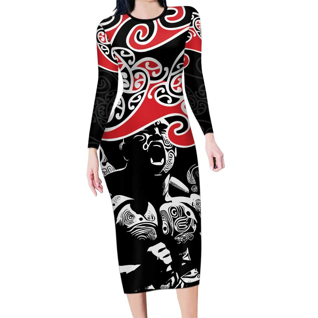 Aotearoa Toitu Te Tiriti Long Sleeve Bodycon Dress New Zealand Stand Together Stand Stronger LT9 Long Dress Black - Polynesian Pride