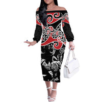 Aotearoa Toitu Te Tiriti Off The Shoulder Long Sleeve Dress New Zealand Stand Together Stand Stronger LT9 Women Black - Polynesian Pride