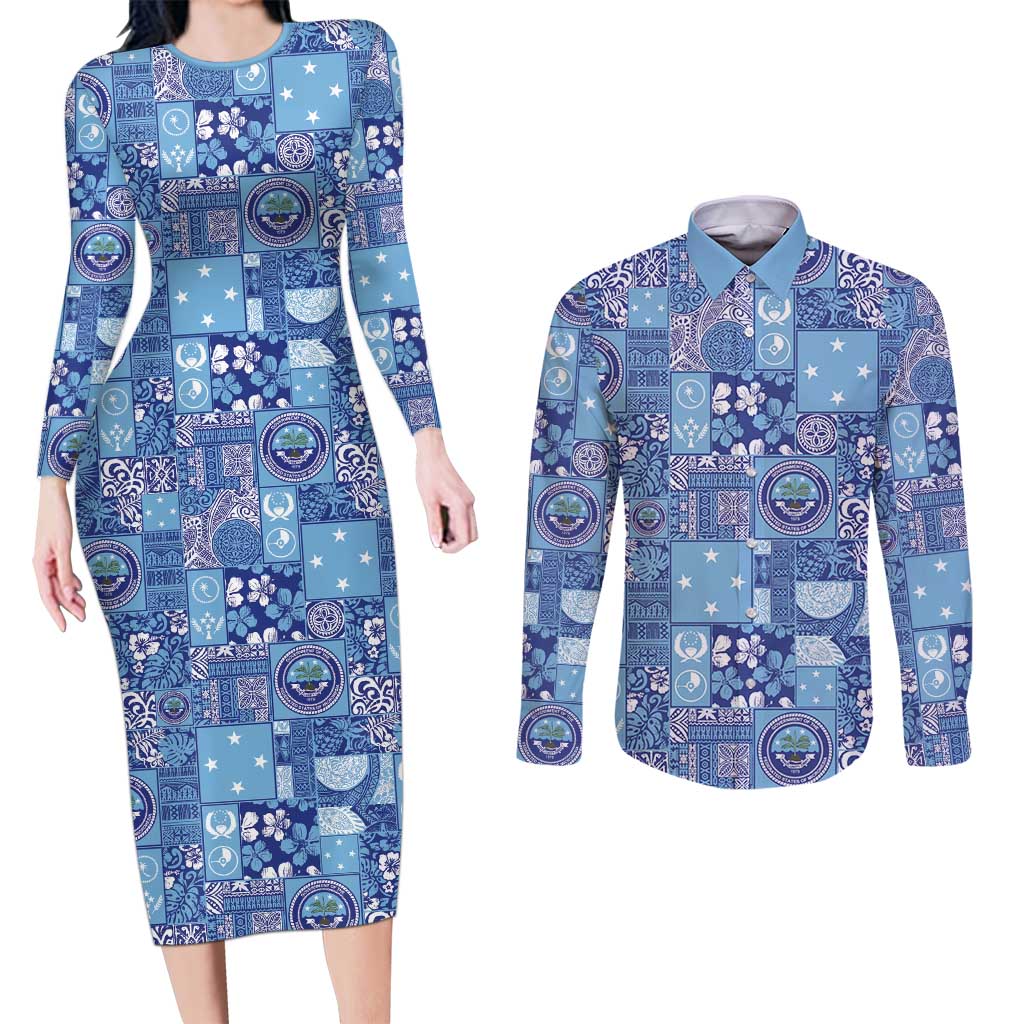 Federated States of Micronesia Merry Christmas Couples Matching Long Sleeve Bodycon Dress and Long Sleeve Button Shirt Pacific Patchwork Xmas Vibes LT9 Blue - Polynesian Pride