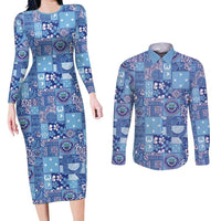 Federated States of Micronesia Merry Christmas Couples Matching Long Sleeve Bodycon Dress and Long Sleeve Button Shirt Pacific Patchwork Xmas Vibes LT9 Blue - Polynesian Pride