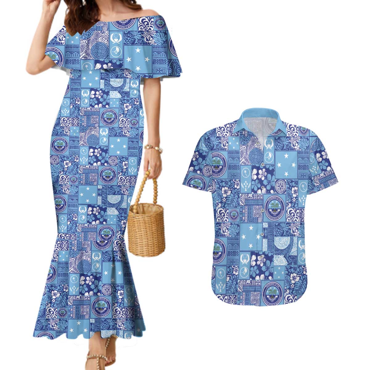 Federated States of Micronesia Merry Christmas Couples Matching Mermaid Dress and Hawaiian Shirt Pacific Patchwork Xmas Vibes - Polynesian Pride