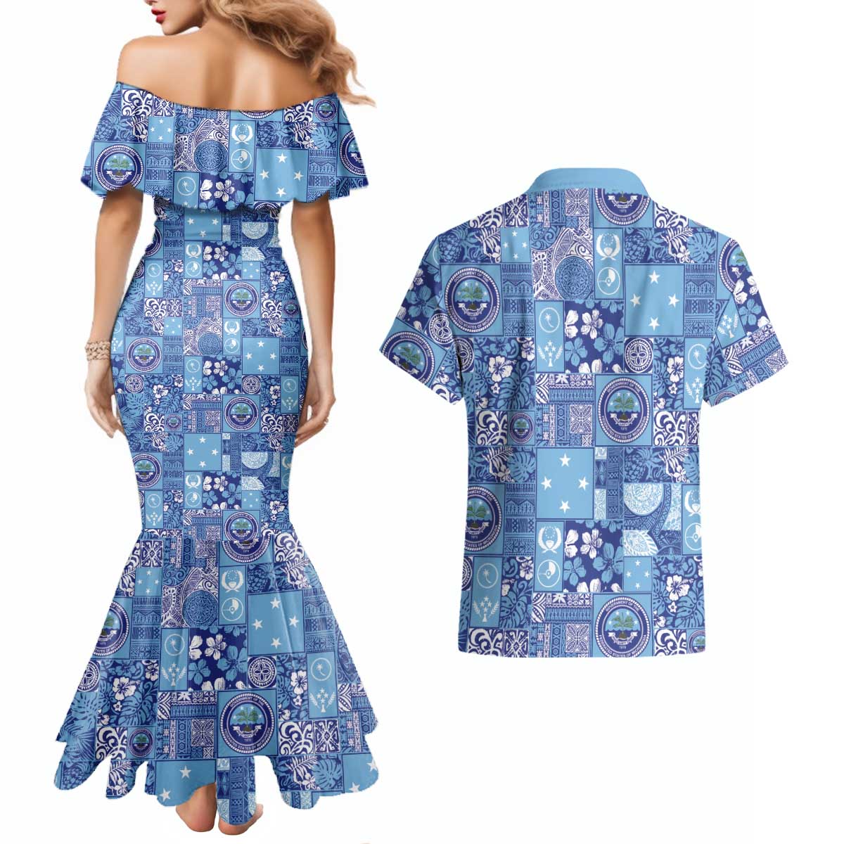 Federated States of Micronesia Merry Christmas Couples Matching Mermaid Dress and Hawaiian Shirt Pacific Patchwork Xmas Vibes - Polynesian Pride