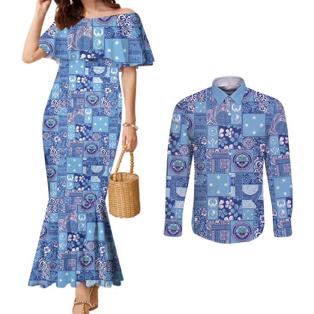 Federated States of Micronesia Merry Christmas Couples Matching Mermaid Dress and Long Sleeve Button Shirt Pacific Patchwork Xmas Vibes - Polynesian Pride