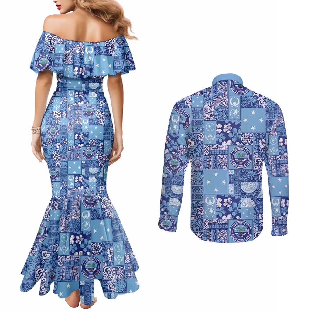 Federated States of Micronesia Merry Christmas Couples Matching Mermaid Dress and Long Sleeve Button Shirt Pacific Patchwork Xmas Vibes - Polynesian Pride