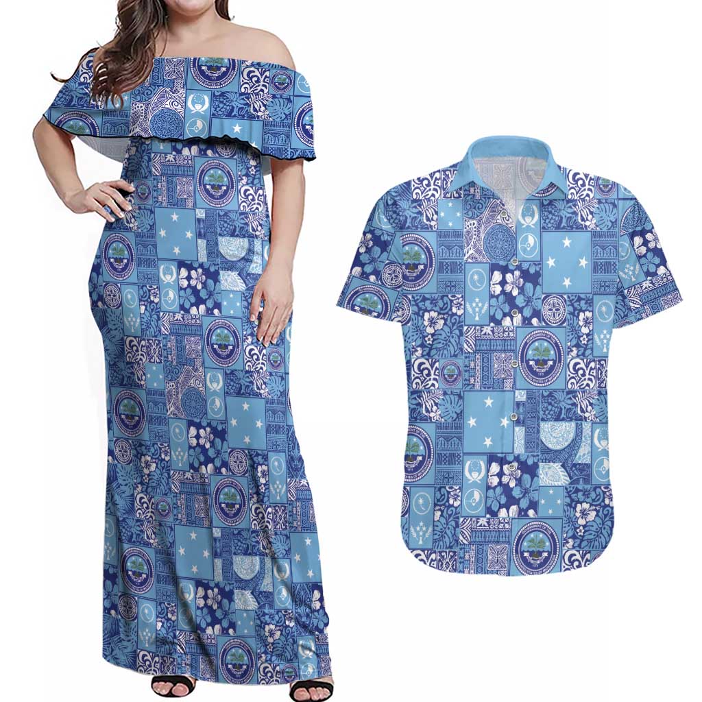 Federated States of Micronesia Merry Christmas Couples Matching Off Shoulder Maxi Dress and Hawaiian Shirt Pacific Patchwork Xmas Vibes - Polynesian Pride