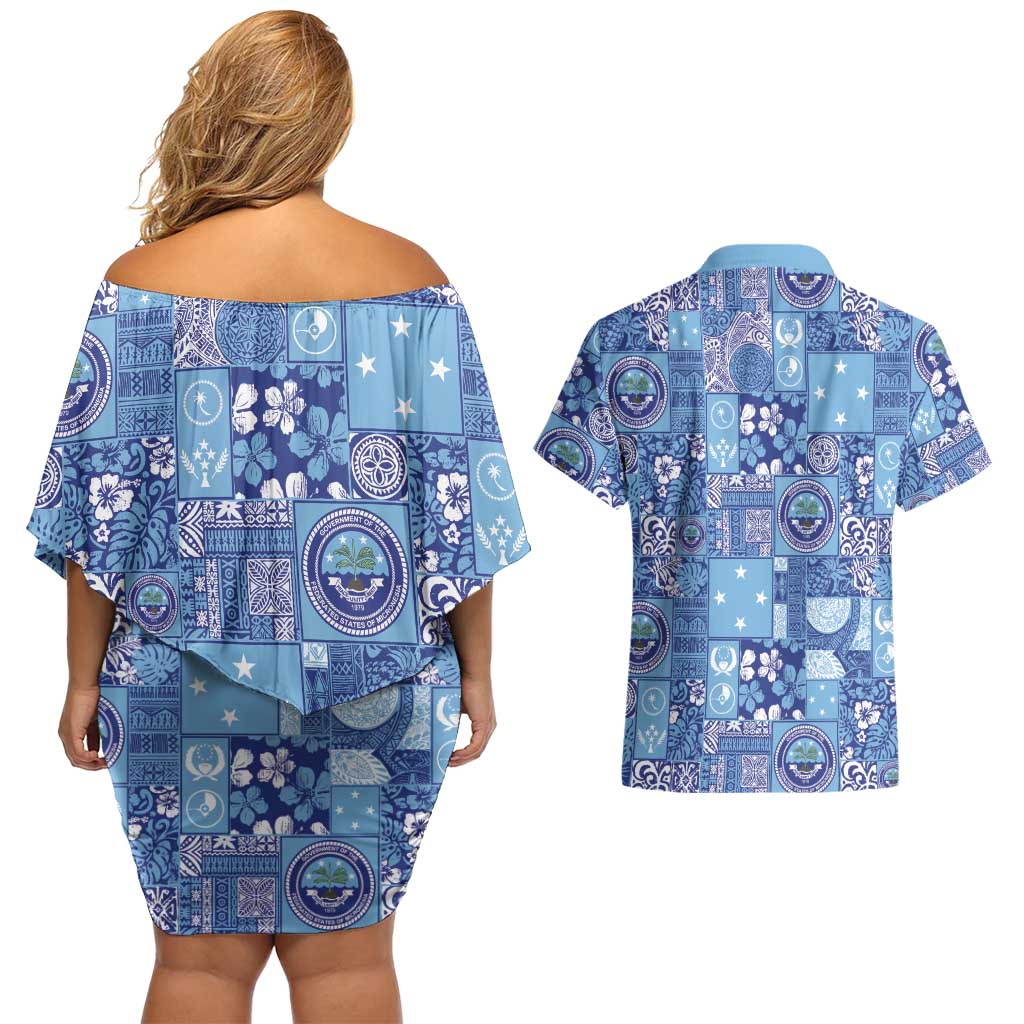 Federated States of Micronesia Merry Christmas Couples Matching Off Shoulder Short Dress and Hawaiian Shirt Pacific Patchwork Xmas Vibes - Polynesian Pride