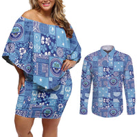 Federated States of Micronesia Merry Christmas Couples Matching Off Shoulder Short Dress and Long Sleeve Button Shirt Pacific Patchwork Xmas Vibes - Polynesian Pride