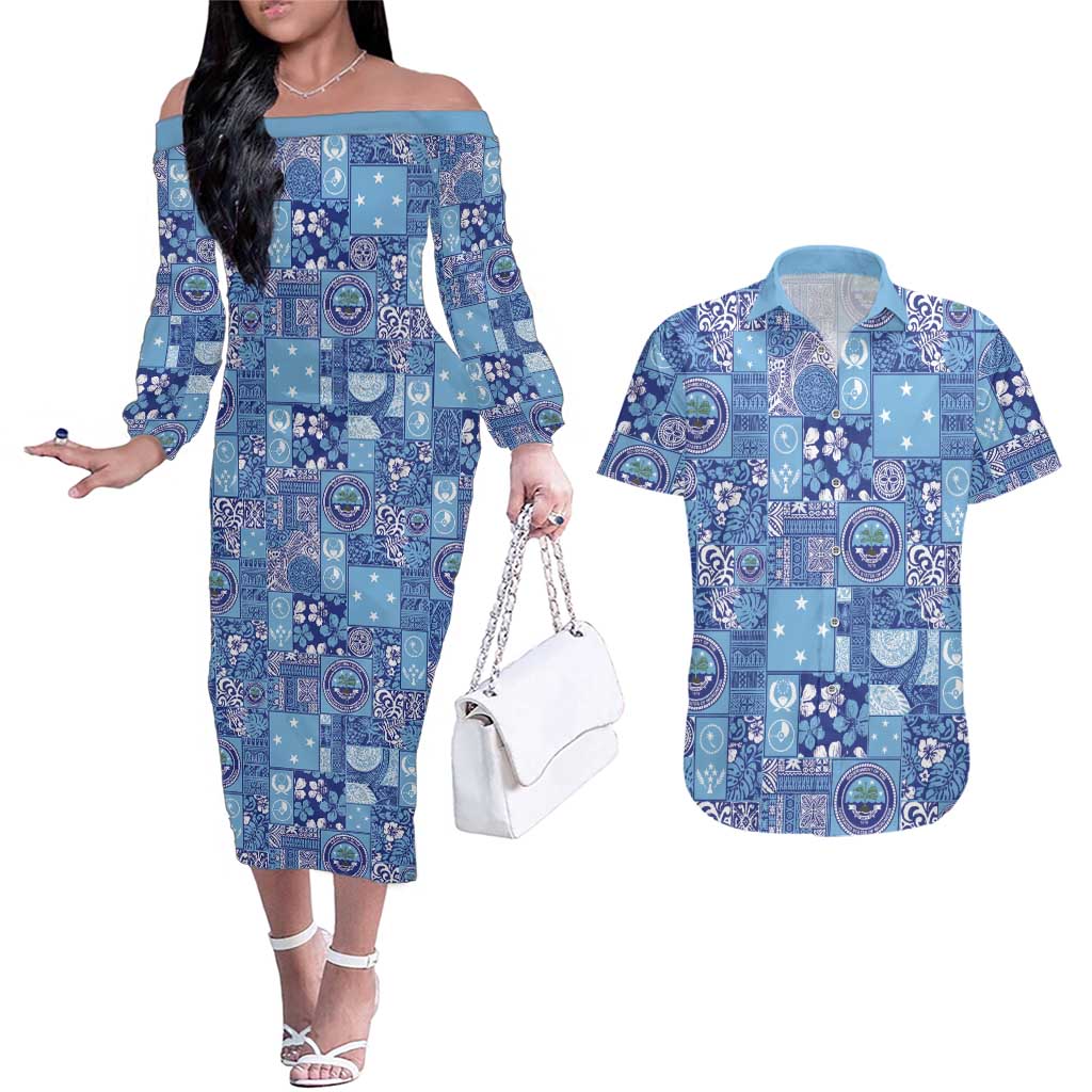 Federated States of Micronesia Merry Christmas Couples Matching Off The Shoulder Long Sleeve Dress and Hawaiian Shirt Pacific Patchwork Xmas Vibes - Polynesian Pride