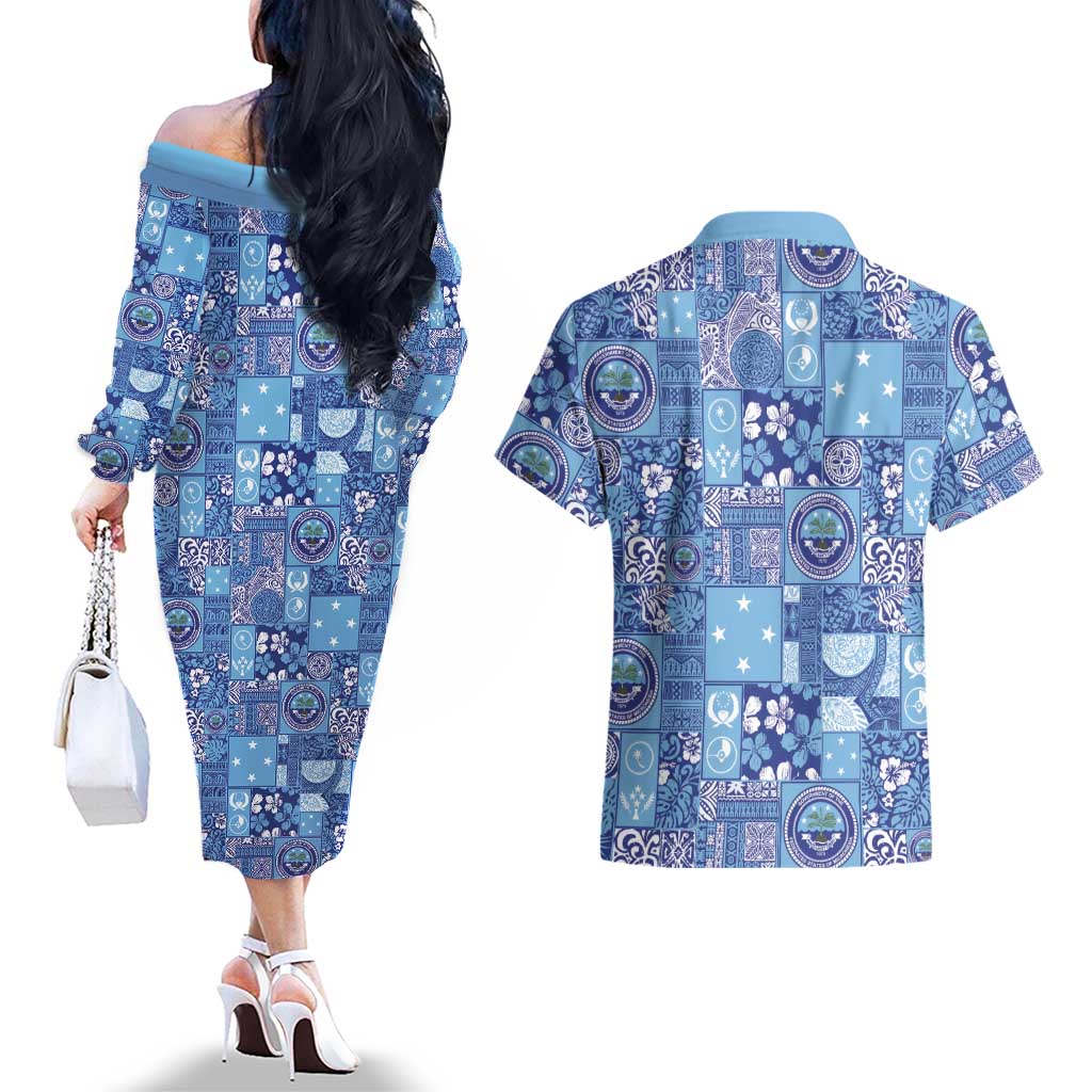 Federated States of Micronesia Merry Christmas Couples Matching Off The Shoulder Long Sleeve Dress and Hawaiian Shirt Pacific Patchwork Xmas Vibes - Polynesian Pride