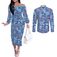 Federated States of Micronesia Merry Christmas Couples Matching Off The Shoulder Long Sleeve Dress and Long Sleeve Button Shirt Pacific Patchwork Xmas Vibes - Polynesian Pride