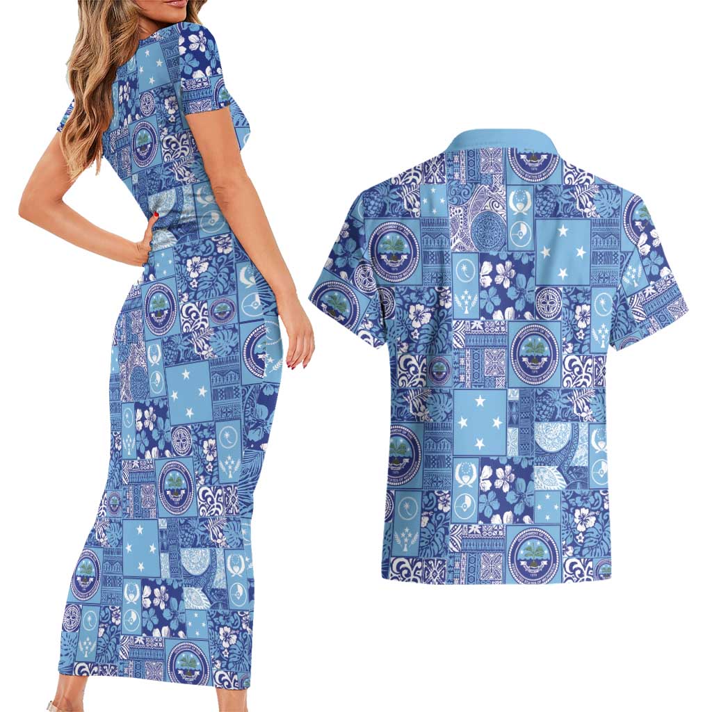 Federated States of Micronesia Merry Christmas Couples Matching Short Sleeve Bodycon Dress and Hawaiian Shirt Pacific Patchwork Xmas Vibes - Polynesian Pride
