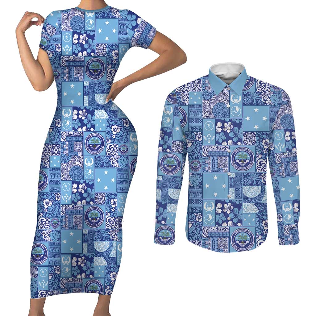 Federated States of Micronesia Merry Christmas Couples Matching Short Sleeve Bodycon Dress and Long Sleeve Button Shirt Pacific Patchwork Xmas Vibes - Polynesian Pride