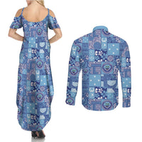 Federated States of Micronesia Merry Christmas Couples Matching Summer Maxi Dress and Long Sleeve Button Shirt Pacific Patchwork Xmas Vibes - Polynesian Pride
