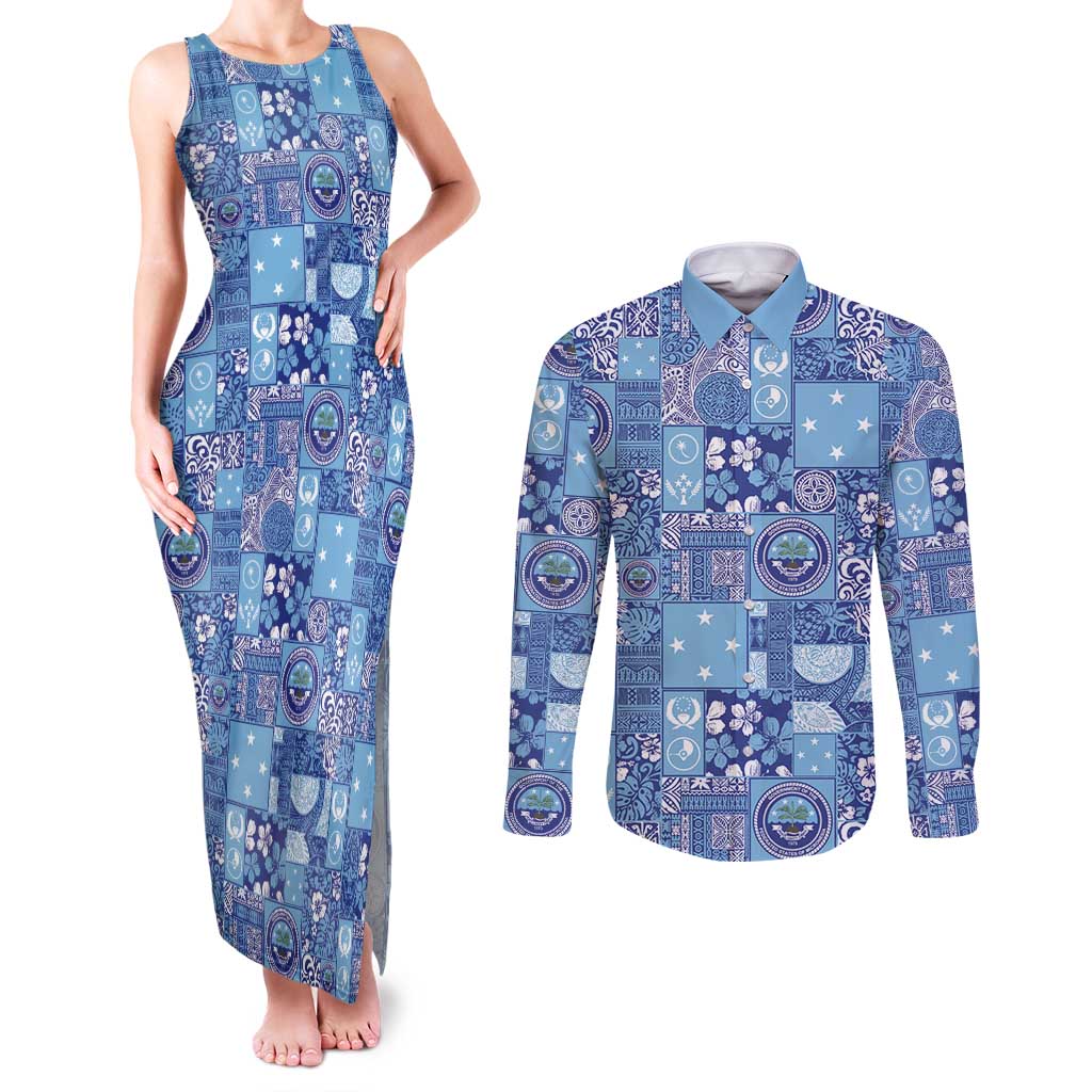 Federated States of Micronesia Merry Christmas Couples Matching Tank Maxi Dress and Long Sleeve Button Shirt Pacific Patchwork Xmas Vibes - Polynesian Pride