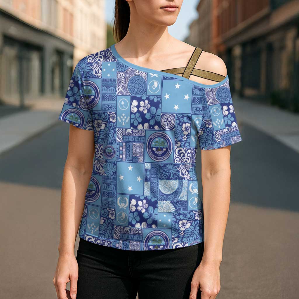 Federated States of Micronesia Merry Christmas Cross Shoulder Shirt Pacific Patchwork Xmas Vibes - Polynesian Pride